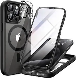 TIESZEN Magnetic for iPhone 15 Pro Max Case, [Dustproof Design] Shockproof Rugged Phone Case, Compatible with Magsafe, Built-in 9H Tempered Glass Screen Protector & 3X Camera Lens Protector, Black