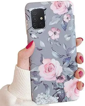 Samsung Galaxy A51 Phone Case for Women Girls,YeLoveHaw Soft Slim Fit Full-around Protective Cute Case Cover with Floral Purple Gray Leaves Pattern for Samsung GalaxyA51 (NOT Fit A51 5G)(Pink Flowers)