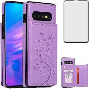 Phone Case for Samsung Galaxy S10 Plus with Tempered Glass Screen Protector and Card Holder Wallet Cover Stand Flip Leather Cell Accessories Glaxay S10+ 10S S 10 10plus S10plus Cases Women Girl Purple