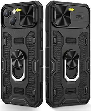 Caka for iPhone 14 Plus Case, iPhone 14 Plus Phone Case with Camera Cover & Kickstand with Built-in 360°Rotate Ring Stand Magnetic Magnet Protective Phone Cover Case for iPhone 14 Plus -Black