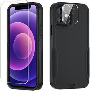 Xmon for iPhone 12 case [Shockproof] [Dropproof] [Tempered Glass Screen Protector with Camera Lens Protector] Heavy Duty Phone Case Cover for Apple iPhone 12 and iPhone 12 Pro 6.1 inch (Black)