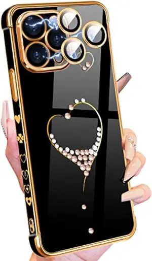 Petitian for iPhone 13 Pro Max Case, Cute Women Girls Bling Glitter Designed Heart Phone Cases for iPhone 13 Pro Max, Girly Gold Plating Phone Cover for 13 Promax with Camera Protector Black