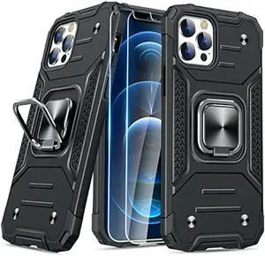 JAME Designed for iPhone 12 Pro Max Case with Screen Protector [2PCS], Military-Grade Drop Protection Cover, Protective Phone Cases, with Ring Kickstand, Bumper Case for iPhone 12 Pro Max 6.7 Black