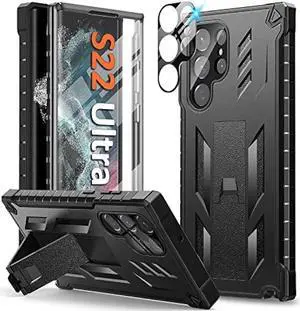FNTCASE for Samsung Galaxy S22 Ultra Case: Built-in Screen Protector & Kickstand Full-Body Dual Layer Rugged Military Grade Shockproof Protection Heavy Duty Protective Phone Cover 5G-Black