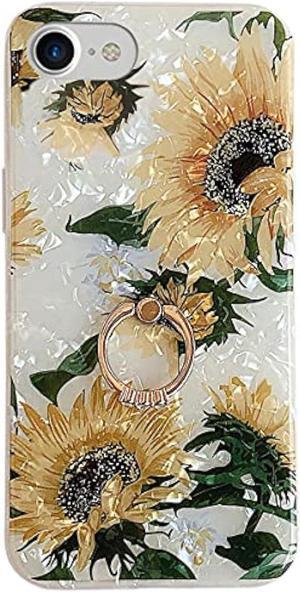 Qokey Compatible with iPhone SE Case 2022/2020,iPhone 8 Case,iPhone 7 Case 4.7 inch Flower Cute Fashion Cover for Women Girls 360 Degree Rotating Ring Kickstand Soft TPU Shockproof Cover Sunflowers