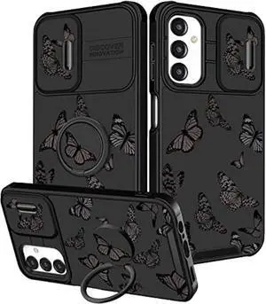 Funermei (2in1 for Samsung Galaxy A13 5G Case for Women Butterfly Cute Girls Phone Cover Girly Pretty Aesthetic Black Butterfly Design with Camera Cover and Ring Stand Funda for Samsung A13 5G Case