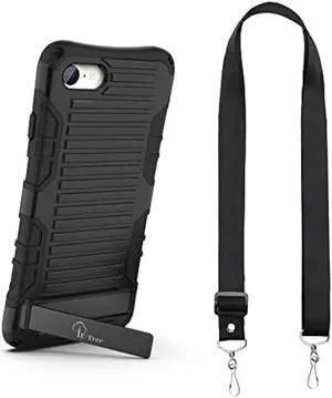 E-Tree Compatible with iPhone SE 2022 Case/iPhone SE 2020/iPhone 8/7, with Crossbody Strap and Stand, Protection Shockproof Hard Phone Case Black, Perfect for Go Outside and Kid Elderly