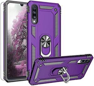 TJS Compatible with Samsung Galaxy A50 2019 Case, with Tempered Glass Screen Protector Metal Ring Magnetic Support Kickstand Heavy Duty Drop Protector Phone Case Cover (Purple)