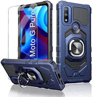 for Motorola Moto G Pure Case with Tempered Screen Protector  Built in 360 Adjustable Ring Kickstand Shockproof Protection TPU Bumper Armor Design Phone Cover for Moto G Pure  Blue