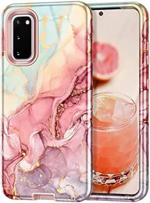 Btscase Compatible with Samsung Galaxy S20 Case 6.2 Inch, Marble Pattern 3 in 1 Heavy Duty Shockproof Full Body Rugged Hard PC+Soft Silicone Drop Protective Women Girl Phone Case, Rose Gold