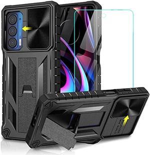 WTYOO for Motorola Moto Edge 2021 Case  Edge 5G UW Case  with Tempered Glass Screen Protector Built in Kickstand  Slide Camera Cover Protection Shockproof Armor Protective Phone Case  Black