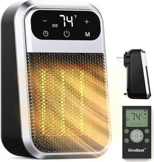 GiveBest 800W Wall Outlet Space Heater with Remote,LED Display Small Plug in Electric Heater with Adjustable Thermostat and Timer for rv and Home Office Bathroom Indoor Use,ETL Listed