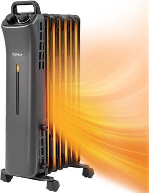 COSTWAY 1500W Oil Filled Radiator Heater, Electric Oil Radiant Heater w/Universal Wheels, 3-Level Heat, Tip-over & Overheat Protection, Portable Space Heater for Home Office Indoor Use, Black