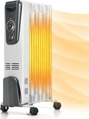 GOFLAME Electric Oil Filled Radiator Heater with Wheels, Portable Space Heater with Adjustable Thermostat, Tip-over & Overheated Protection, Energy Saving Mini Heater for Home and Office, 1500W