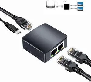 RJ45 Network Splitter Adapter,1 to 2 Dual Female USB to RJ45 Port LAN Interface Ethernet Socket Connector 8P8C Extender Plug Go Online Simultaneously for Cat5/ 5e / 6/7 Cable
