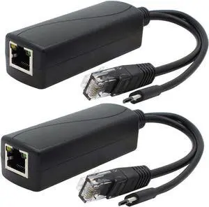 ANVISION 2-Pack Gigabit PoE Splitter, 48V to 5V 2.4A Micro USB Ethernet Adapter, Compatible with Raspberry Pi 3B+, IP Camera and More