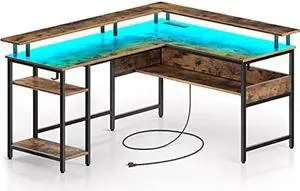 Rolanstar Computer Desk L Shaped 59'' with LED Lights and Power Outlets, Reversible L Shaped Gaming Desk with Monitor Stand, Office Desk with Storage, Computer Desk with USB Port & Hook, Rustic Brown