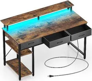 Rolanstar Computer Desk with Power Outlets & LED Light, 47 inch Home Office Desk with Drawers and Storage Shelves, Writing Desk with Monitor Stand, Modern Work Study Desk for Home Office,Rustic Brown