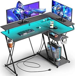 SEVEN WARRIOR L Shaped Gaming Desk with LED Lights  Power Outlets 47 Reversible Corner Desk with Storage Shelf Computer Desk with Monitor Stand Gaming Table with Cup Holder with Hooks Black