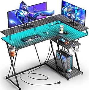 Gaming Desk 58 with LED Strip & Power Outlets, L-Shaped Computer Corner  Desk Carbon Fiber Surface with Monitor Stand, Ergonomic Gamer Table with  Cup Holder, Headphone Hook, Black 