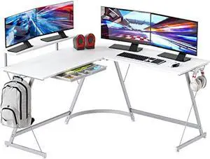 SHW 51 x 51 Inches Vista L-Shaped Desk with Monitor Stand and Drawer, White