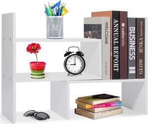 Wood Adjustable Desktop Storage Organizer Display Shelf Rack, Office Supplies Desk Organizer,White
