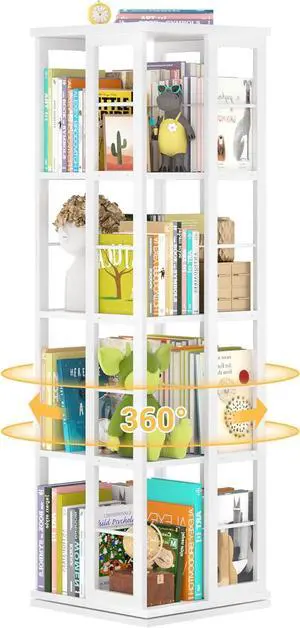 Rotating Bookshelf, 4-Tier Corner Bookshelf, 360 Display Wood Spinning Bookshelf, Floor Standing Bookcase Narrow Shelf Revolving Organizer Storage Rack for Small Space, Study Room, White
