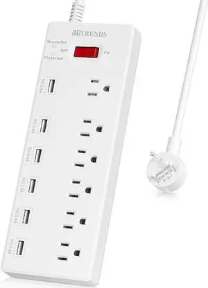 HITRENDS Surge Protector Power Strip 6 Outlets with 6 USB Charging Ports, USB Extension Cord, 1625W/13A Multiplug for Multiple Devices Smartphone Tablet Laptop Computer (6ft, white)