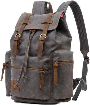 Koolehaoda Vintage Canvas Backpack Leather Rucksack Knapsack Unisex Casual Backpack 17inch Laptop Backpack Hiking Bag(L-Gray)