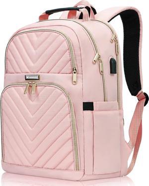 Laptop Backpack for Women, 17.3 Inch Large School Backpack for Girls, Fashion Quilted Waterproof College Bookbags with USB Charging Port, Women Work Travel Laptop Back Pack Casual Daypacks, Pink