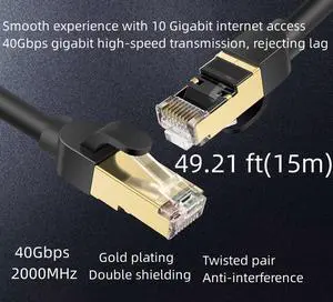 Cat 8 Ethernet Cable 49.21 ft Shielded 26AWG Lastest 40Gbps 2000Mhz SFTP Patch Cord Heavy Duty High Speed Cat8 LAN Network RJ45 Cable- in Wall Outdoor Weatherproof Rated for Router Modem Gaming .
