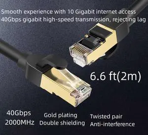 Cat 8 Ethernet Cable 6.6 ft Shielded 26AWG Lastest 40Gbps 2000Mhz SFTP Patch Cord Heavy Duty High Speed Cat8 LAN Network RJ45 Cable- in Wall Outdoor Weatherproof Rated for Router Modem Gaming