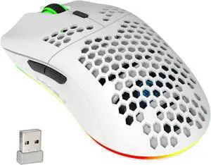 Honeycomb Shell 2.4G Wireless RGB Gaming Mouse, 4-speed DPI adjustabe,Rechargeable Wireless Mouse, Computer Mice for PC Gaming, White