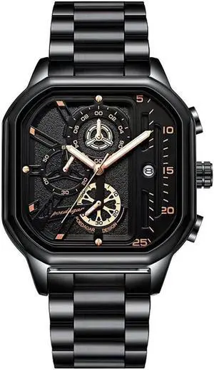 Men's Fashion Stainless Steel Watches Date Waterproof Chronograph Wristwatches,Stainsteel Steel Band Waterproof Watch Black And Gold