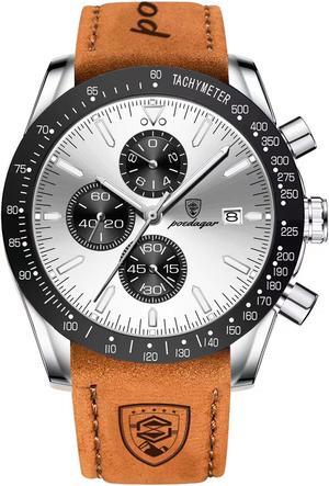 Men's Fashion Stainless Steel Watches Date Waterproof Chronograph Wristwatches,Genuine Leather Strap Waterproof Watch Silver