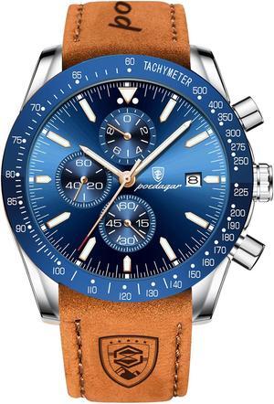 Men's Fashion Stainless Steel Watches Date Waterproof Chronograph Wristwatches,Genuine Leather Strap Waterproof Watch Blue