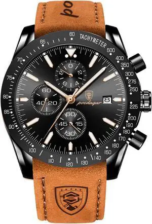 Men's Fashion Stainless Steel Watches Date Waterproof Chronograph Wristwatches,Genuine Leather Strap Waterproof Watch Black/Silver