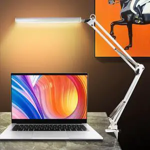 LED Desk Lamp,Adjustable Swing Arm Desk Lamp with Clamp,Dimmable Desk Light Eye-Care Table Light, 3 Color Modes,10-Level Brightness Table Lamp White