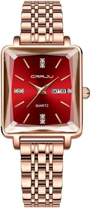 Women Watch Fashion Rose Gold Diamond Analog Quartz Female Watch for Women Luxury Dress Ladies Stainless Steel Waterproof Date Wrist Watches Red Dial Red