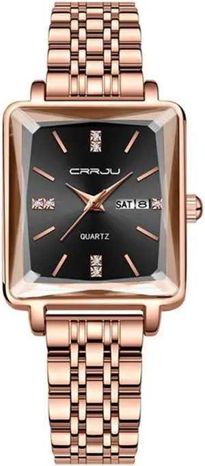 Women Watch Fashion Rose Gold Diamond Analog Quartz Female Watch for Women Luxury Dress Ladies Stainless Steel Waterproof Date Wrist Watches Red Dial Black