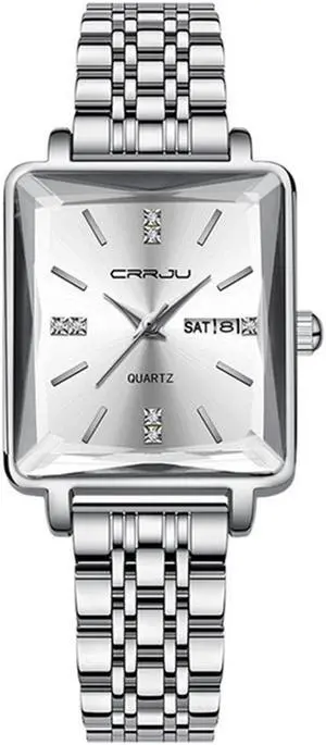 Women Watch Fashion Rose Gold Diamond Analog Quartz Female Watch for Women Luxury Dress Ladies Stainless Steel Waterproof Date Wrist Watches Red Dial Silver