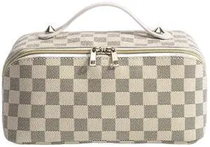 Large Capacity Travel Cosmetic Bag Plaid Checkered Makeup Bag Portable Leather Waterproof Skincare Bag with Handle and Divider for Women White