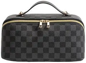 Large Capacity Travel Cosmetic Bag Plaid Checkered Makeup Bag Portable Leather Waterproof Skincare Bag with Handle and Divider for Women Black