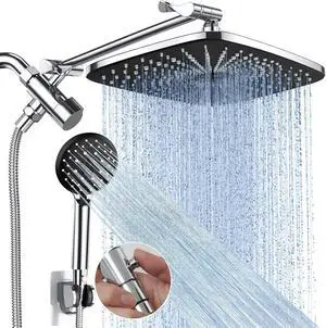 12 Inch High Pressure Rain Shower Head Combo with Extension Arm- Wide Rainfall Showerhead with 5 Handheld Water Spray - Adjustable Dual Showerhead with Anti-Clog Nozzles - Silver Chrome