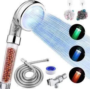 LED Shower Head with Handheld High Pressure Shower Head with Hose Holder & PTFE Tape etc 3 Water Temperature-Controlled Water Saving Filtered Shower Head for Dry Hair& Skin