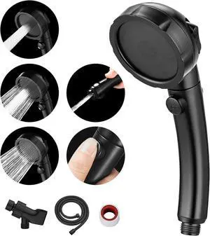 MIAOHUI Modern Handheld Shower Head with On/Off Switch, 3 Spray Settings, Removable Shower Head with Hose, Angle Adjustable Shower Bracket, Teflon Tape, Black