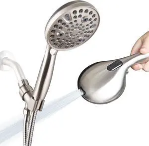 High Pressure Handheld Shower Head 10-Setting Showerhead 4.7Detachable Showerhead Set with 5ft Hose Adjustable Bracket and Built-in Power Wash to Clean Tub Tile & Pets - Brush Nickel