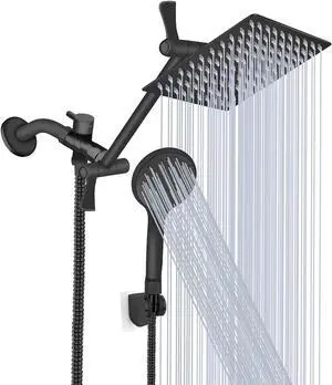 Shower Head 8 High Pressure Rainfall/Handheld Shower Combo with 11 Extension Arm 9 Settings Anti-leak Shower Head with Holder Height/Angle Adjustable Chrome Matte Black
