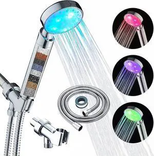 KAIREY Filtered Led Shower Head for Hard Water 7 Color Light Change Automatically Handheld Showerhead Polished Chrome with 60 Inches Stainless Steel Hose and Adjustable Bracket Filter Shower Head