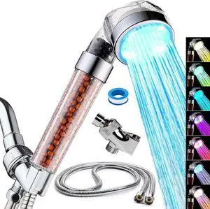 LED Handheld Shower Head Set with Filtration Automatic 7-color Changing Shower Head Kit High Pressure Handheld Shower Head with Hose and Bracket Water Saving Showerheads with Filtration Beads